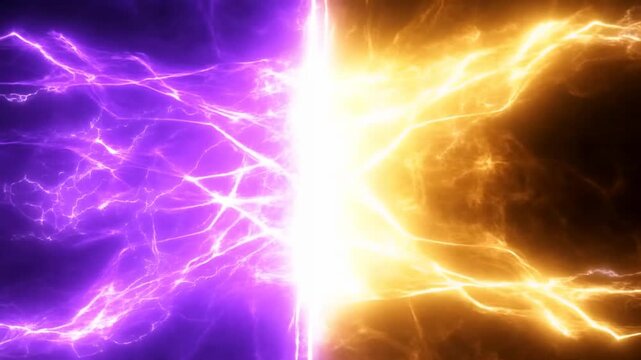 Purple and orange electric energy split by bright light on abstract dark background