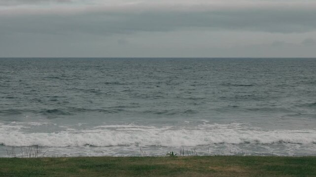 A grassy field with a gray sky and sea in the background