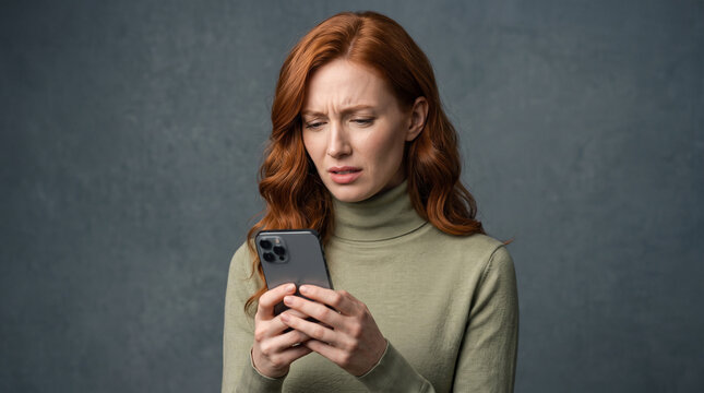 Worried woman looking at smartphone screen with concerned expression