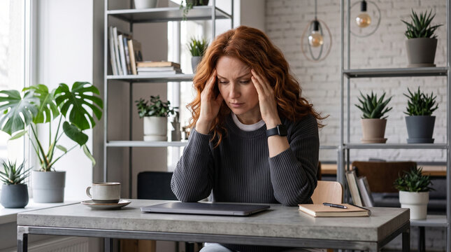 Stressed woman massaging temples with head in hands at desk with laptop