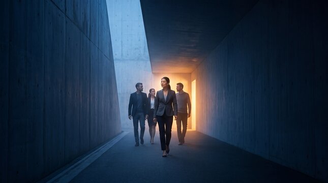 Businesswoman Leading Corporate Team Through Modern Architectural Corridor