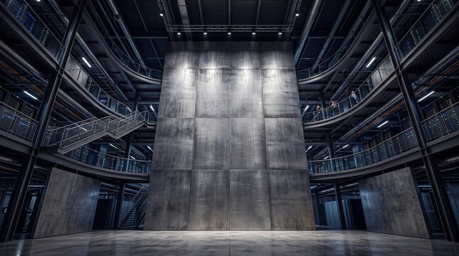 Futuristic Industrial Interior with Multi-Level Steel Architecture