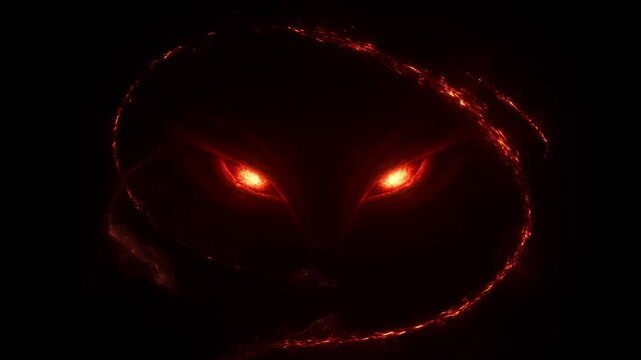 Shadowed creature face with glowing red eyes and fiery highlights against black darkness