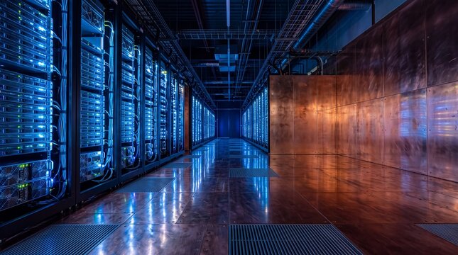 Modern Server Room in Data Center with Glowing Blue Lights