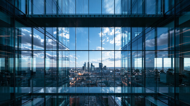 Modern Glass Corporate Office Building Overlooking City Skyline