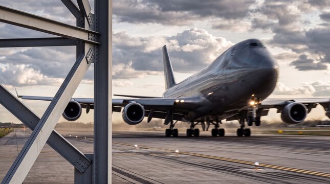 Cargo Airplane Landing on Airport Runway at Sunset