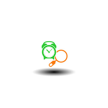 Vector illustration of alarm clock and magnifier. Symbol of deadline. Icon of countdown control. Sign of business time monitoring and inspection.