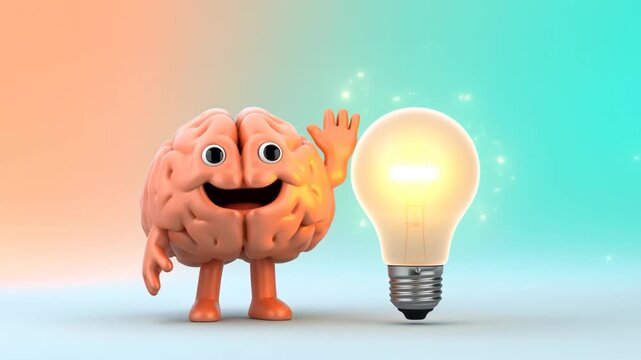 Cartoon brain standing beside a glowing light bulb on a colorful studio background