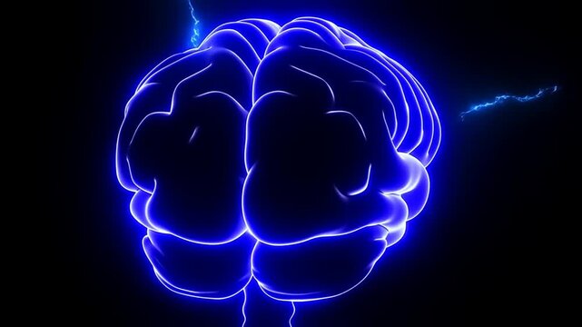 Glowing Blue Brain Illustration on Black Background with Luminous Outline