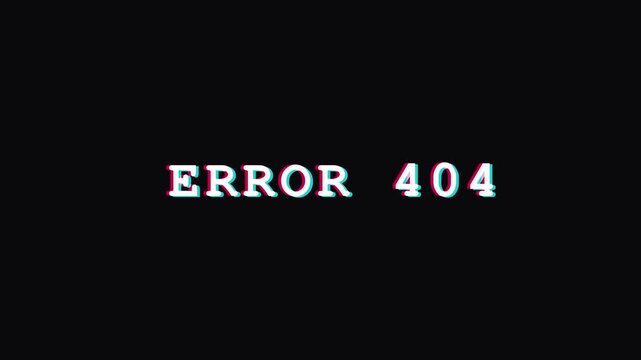 Error 404 page not found text animation on 4k black background, for website development, and digital connectivity issues