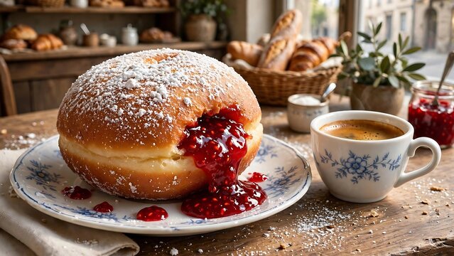 Donut Coffee Break with Traditional German Berliner Pastry Filled with Raspberry Jam and Powdered Sugar Served with Espresso Cup on Rustic Wooden Bakery Table