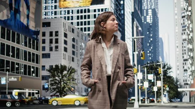 Businesswoman walks through city avenues with hands in pockets while observing office towers; the female visitor explores downtown architecture outdoors.