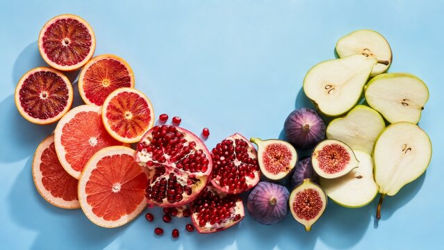 Colorful Assorted Fruit Border on Blue Background with Copy Space