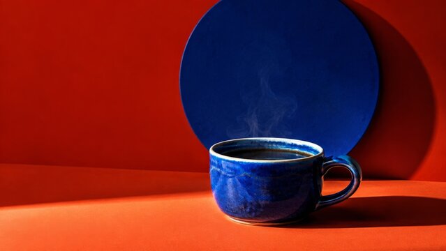Blue Coffee Cup on Red Background in Morning Light