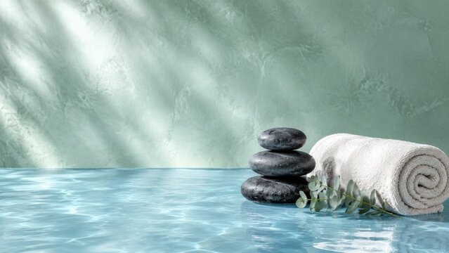 Spa Towel and Massage Stones on Blue Surface with Copy Space