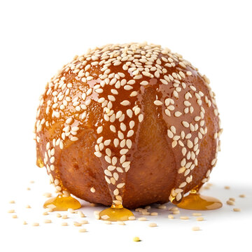 A delicious fried dough ball coated in sesame seeds and drizzled with sticky golden honey, a sweet treat sure to delight your taste buds.