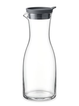 Clear Glass Water Carafe with Grey Silicone Lid Isolated on White Background Studio Shot