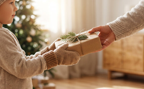 Young child receiving a Christmas present wrapped in eco-friendly brown paper from parent