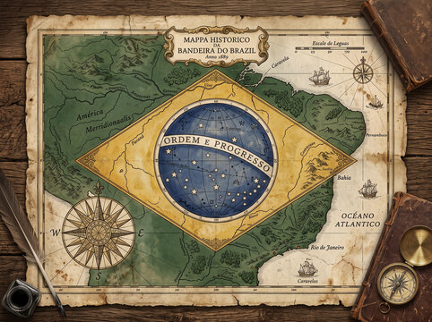 Vintage antique historical map of Brazil featuring the Brazilian flag design with compass rose, old books, and nautical elements on a wooden background