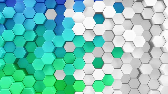 3d rendered patterned hex shapes background in white and a rainbow of color. Abstract backgrounds of hexagonal patterns in a spectrum of looping colors. Collage of hexagons in smooth loop movement.