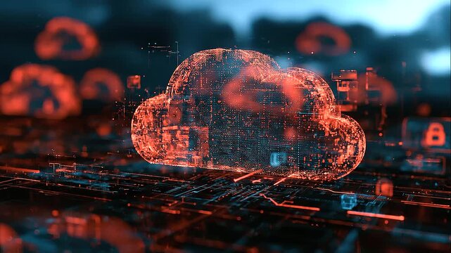 An AI-driven cloud computing concept illustrating secure file sharing, automated backups, and data encryption. The glowing digital interface represents advanced cybersecurity meas
