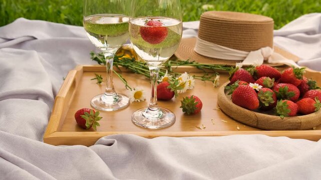 Picnic with strawberries and wine. Selective focus.