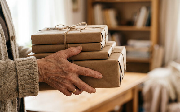 Senior woman holding wrapped packages and parcels representing shipping, delivery, and gifting concepts
