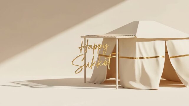 Happy Sukkot text on traditional sukkah hut. Jewish festival booth with branches and cloth. Celebration of faith and autumn harvest tradition