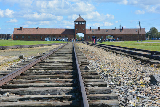 AUSCHWITZ BIRKENAU POLAND: Auschwitz I concentration camp entrance building was a network of German Nazi concentration and extermination camps built and operated by the Third Reich in Poland