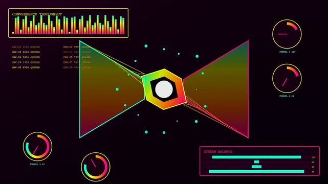 The perception fusion data display cycles through changing graphical interface metrics as digital geometric bowtie shapes illuminate in a dark virtual environment for analytical visual processing