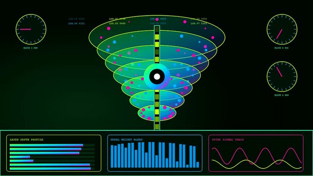 A digital perception fusion interface displays rotating colorful cone structures with floating particles and gauge meters atop rhythmic signal graphs across a dark screen panel display