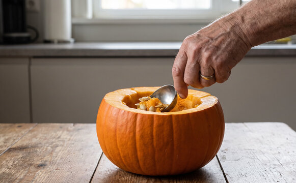 Elderly man scooping seeds out of a fresh Halloween pumpkin in a kitchen