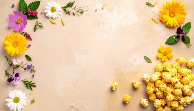 Flat lay of colorful summer flowers and sweet popcorn on beige background with copy space