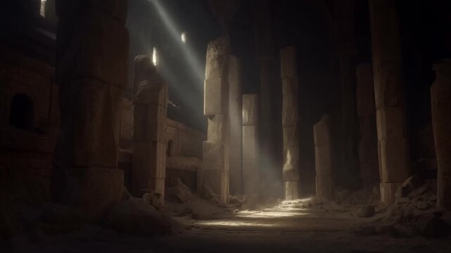 Ancient stone ruins with towering columns and sunbeams in a dusty abandoned hall