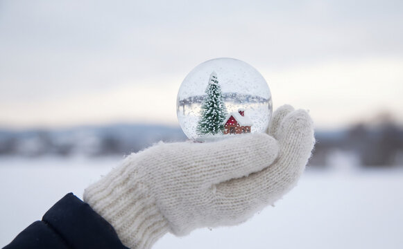 Person holding a snow globe with a miniature Christmas tree and house in winter wonderland