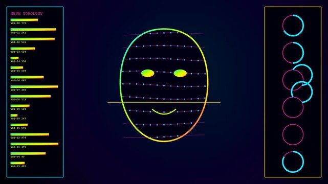 Perception fusion animation showing digital human face meshes with glowing lines and changing statistics on dark display panels in a laboratory digital interface screen environment