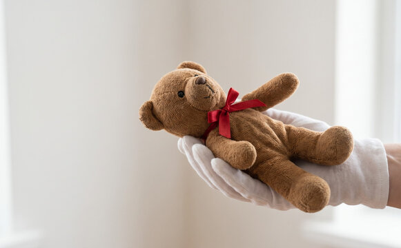Gloved hand holding small brown teddy bear toy with red ribbon bow for vintage gift and care