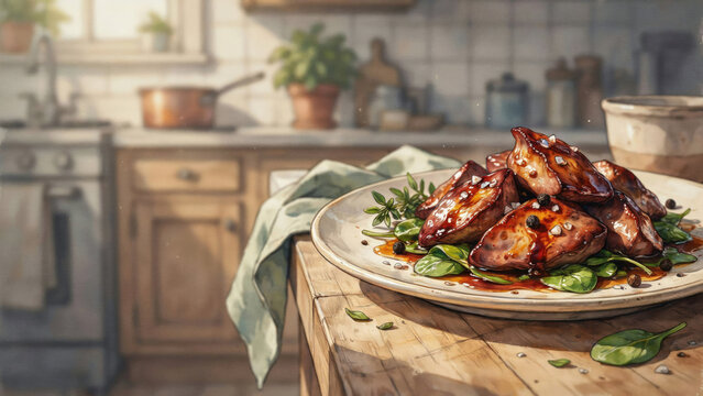 A national dish of Italian cuisine. 
Insalata calda di fegatini di pollo al Marsala &mdash; chicken liver saut&eacute;ed in Marsala wine, served on a bed of spinach leaves. Photo with space for text. 