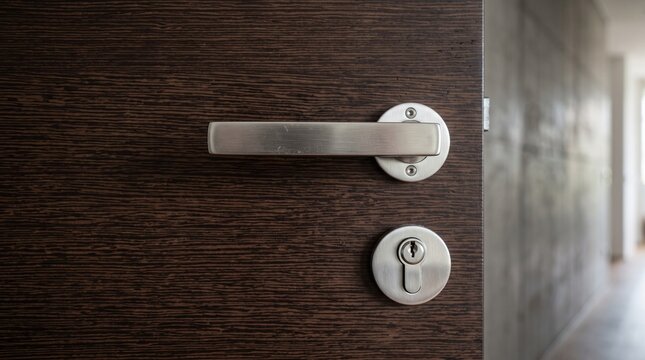 Modern dark wood door with a brushed steel handle and lock close-up