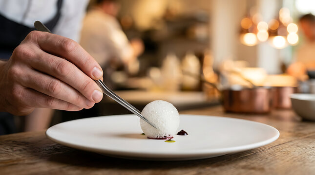 Chef plating a delicate gourmet dessert sphere on a white plate in restaurant