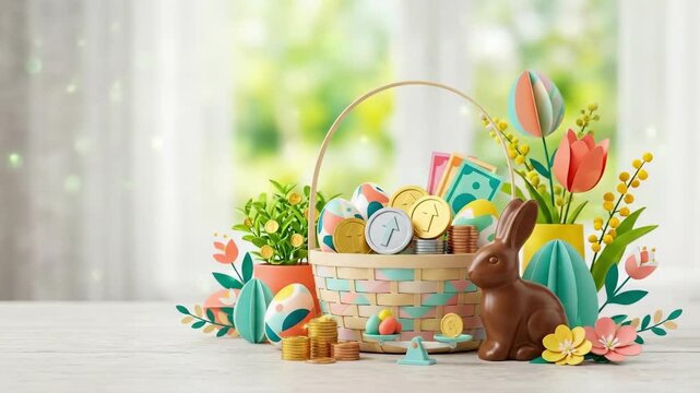 Easter basket overflowing with painted eggs, chocolate bunny, tulips and pussy willows on wooden table with scattered gold coins. Spring holiday celebration blending tradition and prosperity symbols