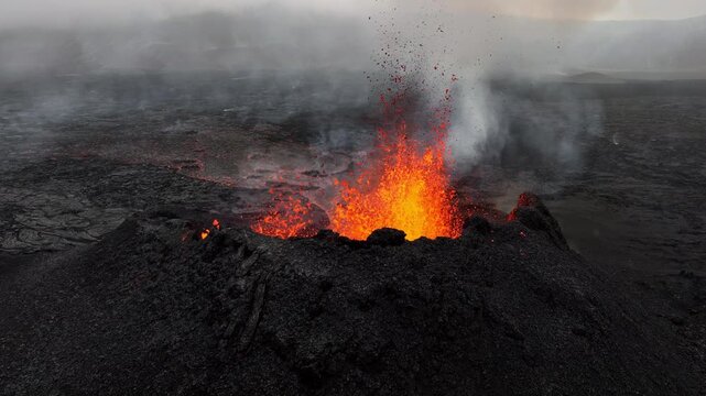 Active lava fountain erupting from volcanic vent with glowing molten flow over dark scoria rim, drifting ash, heat haze, and rugged barren terrain, with lava, eruption, volcano, magma detail