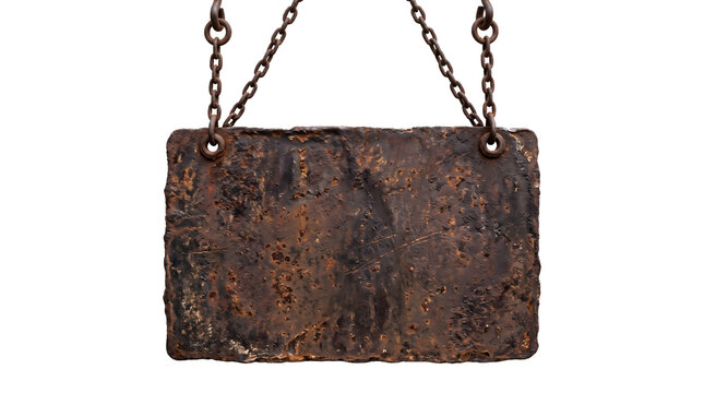 isolated rusty metal sign hanging with chains white background