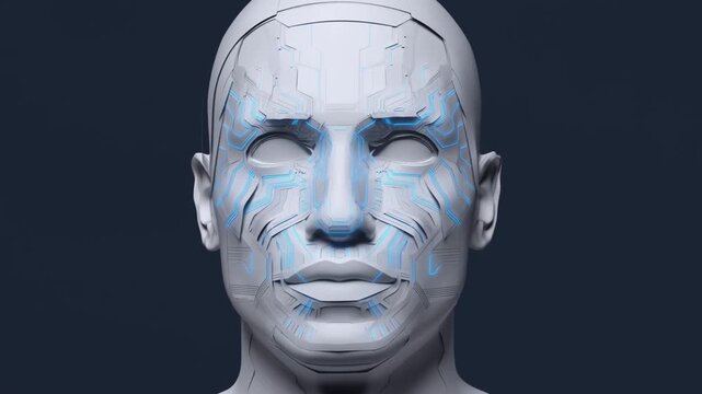 Futuristic humanoid robot face with circuit patterns against dark background