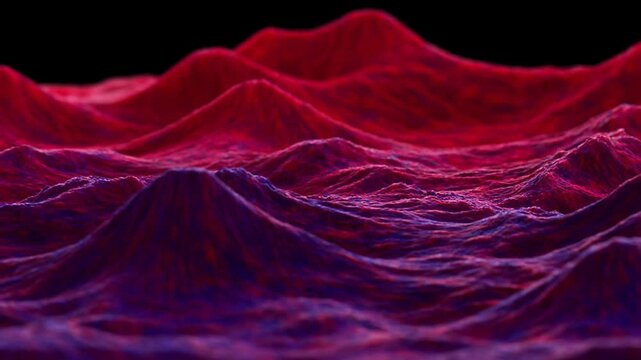 Abstract Red and Purple Mountain Landscape with Layered Ridges Against Black Background