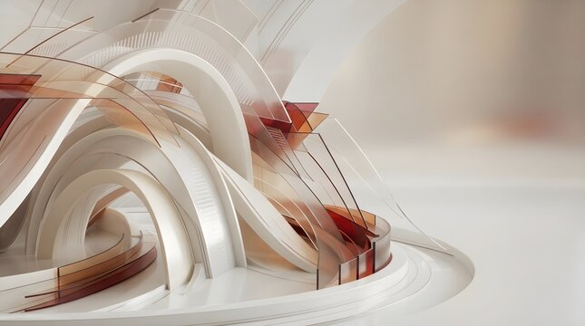Abstract geometric background with flowing white arches and translucent orange red curves futuristic architectural design