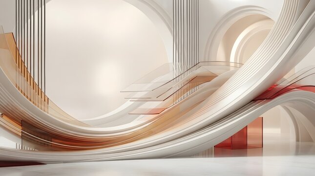 Abstract geometric background with flowing white arches and translucent orange red curves futuristic architectural design