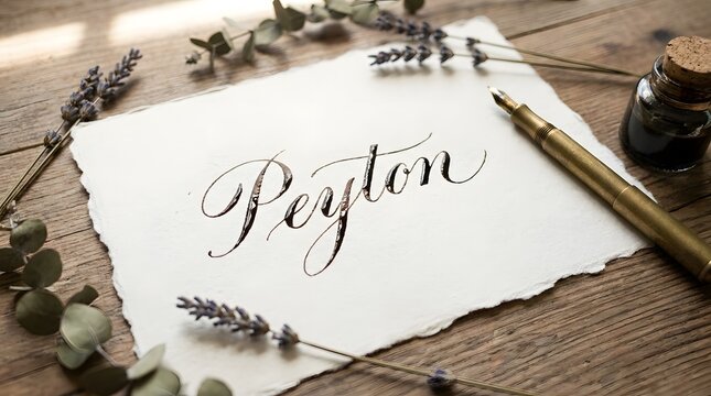 Elegant Calligraphy Name Peyton Written on Textured Paper with Dried Flowers and Ink Pen.