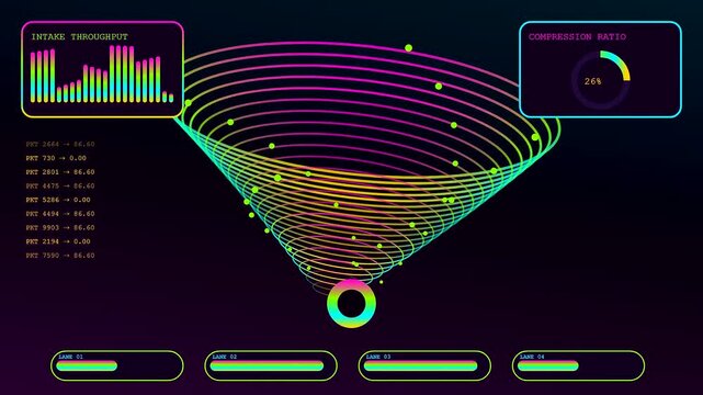 a futuristic perception fusion digital interface showing data streams flowing through concentric neon rings while metrics update across a dark virtual monitor screen with glowing light