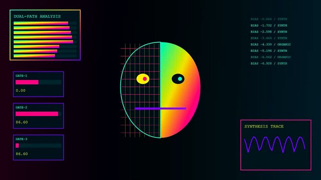 A digital perception fusion interface features an animated glowing face with shifting data readouts and oscillating waves in a dark environment with vibrant neon spectrum colors